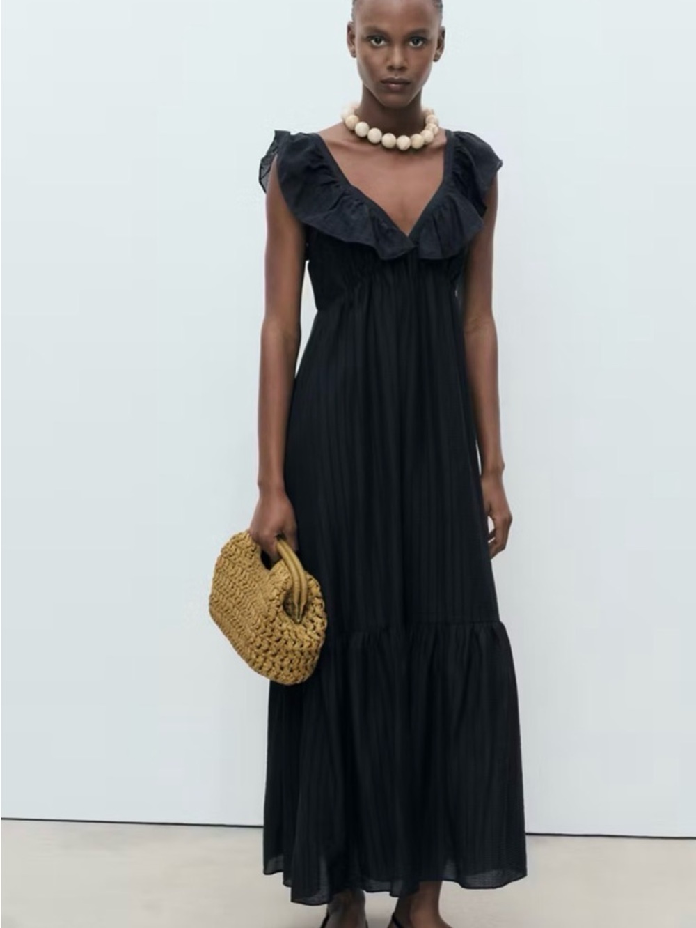 Mango Black Ruffled V-Neck Maxi Dress